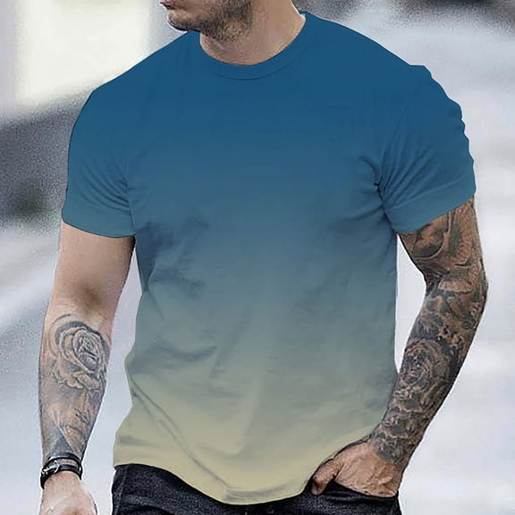 Fnnxeal Men's 2XL Sky Blue Gradient Tee - 100% Polyester, Plus Size, Moisture-Wicking, Casual & Gym Wear, Trendy Streetwear Shirt