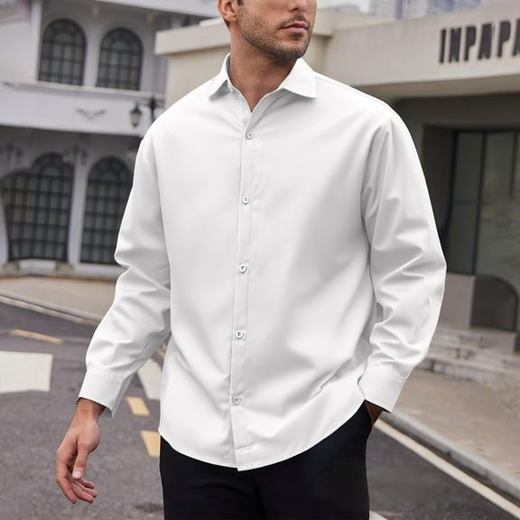 Fnnxeal Men's 2XL White Long Sleeve Shirt - Polyester Button-Down, Wrinkle-Resistant, Easy Care - Quick Dry for Work & Casual, Plus Size