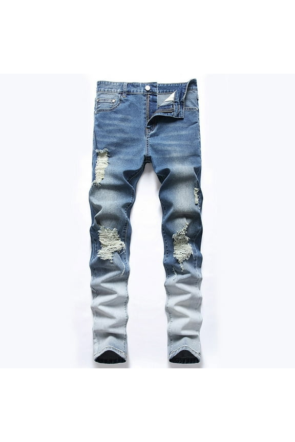 Men's 34 Waist Ripped Distressed Jeans - 100% Denim Blue Gradient, Slim Fit, Button Fly, Durable for Casual Outings/Streetwear, Walmart Trendy Style