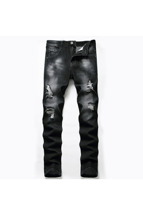 Men's Black Ripped Denim Jeans - Size 42, Slim Fit, 100% Cotton, Knee & Thigh Rips, Button-Zipper, Durable Comfortable for Casual/Street Style