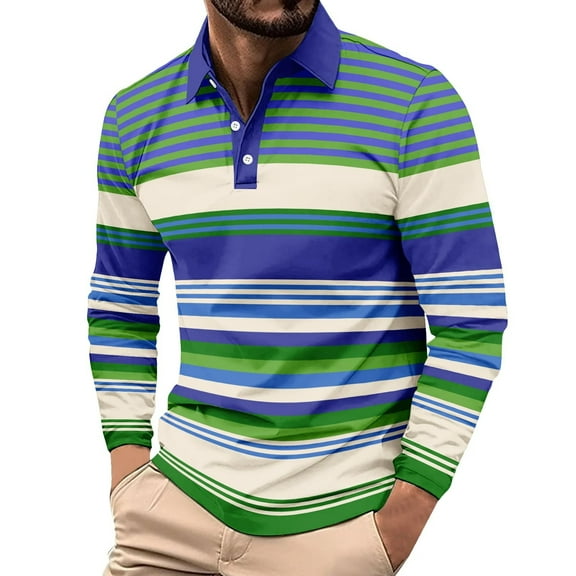 Fnnxeal Men's Blue Long-Sleeved Striped Polo Shirt - Size 2XL, 100% Polyester, Wrinkle-Resistant, Casual for Work/Daily, Easy Care