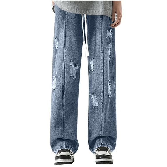 Fnnxeal Men's Blue Ripped Wide Leg Jeans - Size 2XL, 75% Rayon 25% Polyester, Soft Breathable, Adjustable Drawstring Waist, Trendy Edgy for Casual Daily Wear