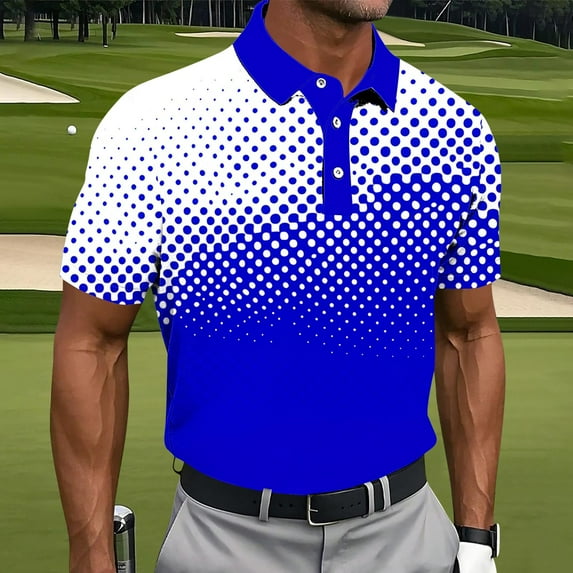 Fnnxeal Men's Blue S Polo Shirt - Gradient Polka Dot, Stretchy Breathable, Moisture-Wicking, Button-Down Collar, Golf & Casual Wear