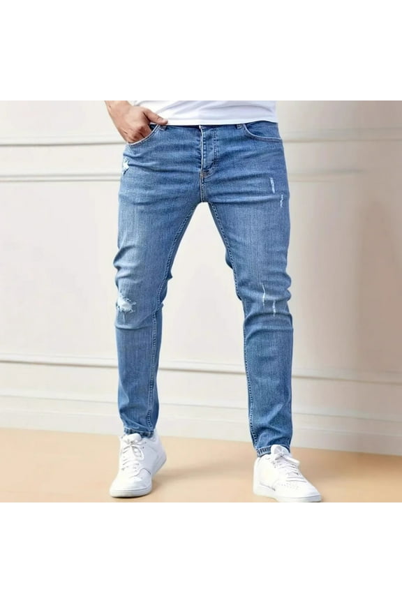 Men's Blue Slim-Fit Jeans - 75% Rayon 25% Polyester, Soft Breathable, Light Wash Distressed, Comfortable Year-Round, Size XS for Casual Daily Wear