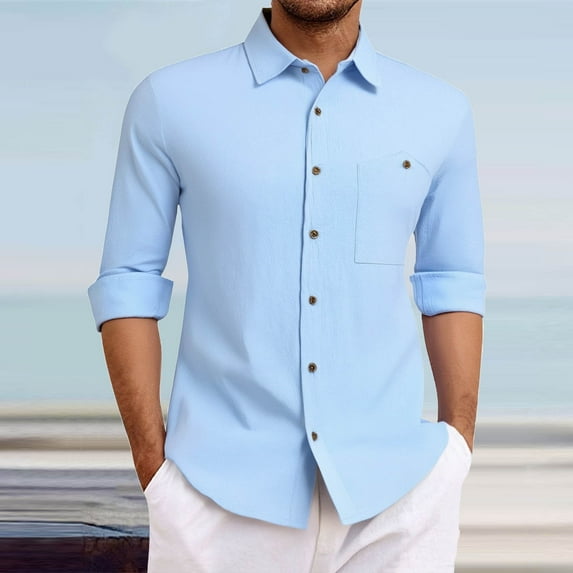 Fnnxeal Men's Casual Linen Shirt - M Sky Blue, Button Down Long Sleeve with Chest Pocket, Breathable Smart for Summer, Beach & Daily Wear