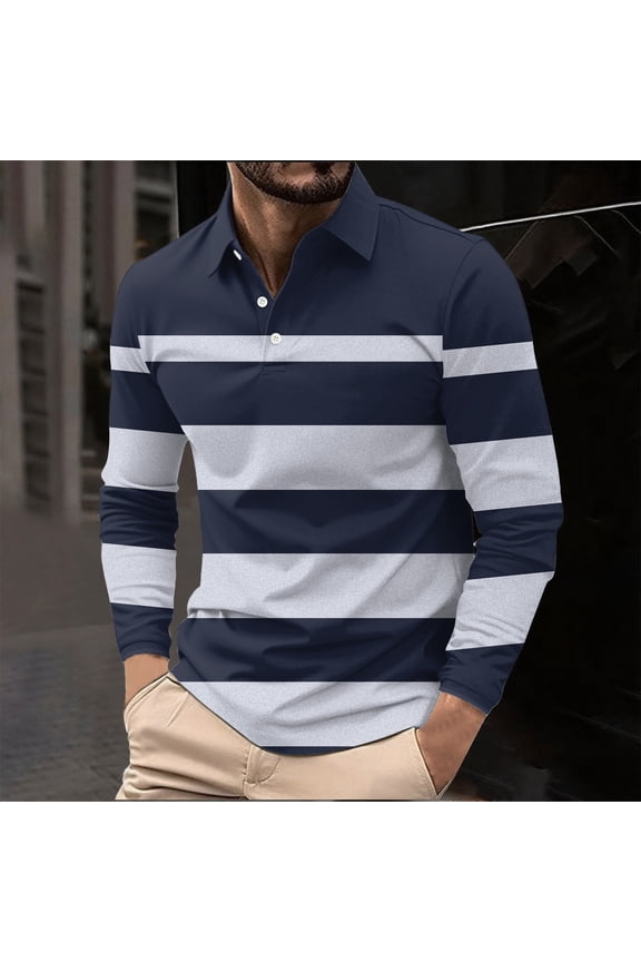 Men's Light Blue Long Sleeve Striped Polo Shirt 2XL - 95% Polyester 5% Spandex, Wrinkle-Resistant Quick-Drying, Smart Casual for Golf/Office
