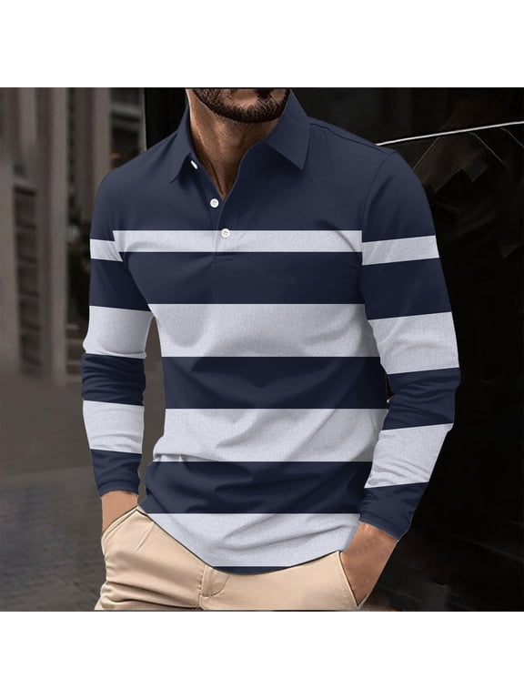Men's Light Blue Long Sleeve Striped Polo Shirt 2XL - 95% Polyester 5% Spandex, Wrinkle-Resistant Quick-Drying, Smart Casual for Golf/Office