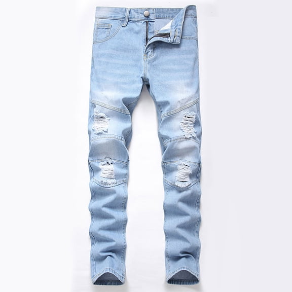 Fnnxeal Men's Light Wash Distressed Denim Jeans - Slim Fit, 100% Denim, Knee Rips, Button Closure, Light Blue, Size 36 for Casual Outings