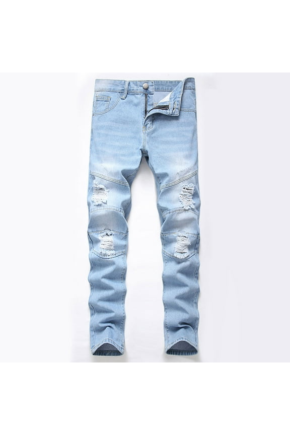 Men's Light Wash Distressed Denim Jeans - Slim Fit, 100% Denim, Knee Rips, Button Closure, Light Blue, Size 36 for Casual Outings