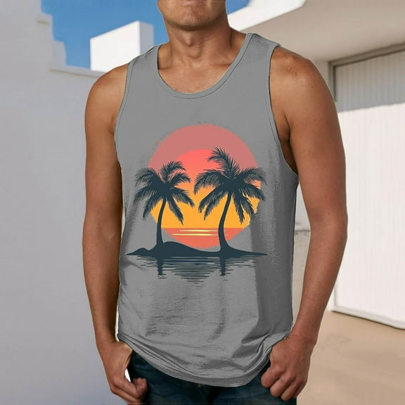 Fnnxeal Men's Lightweight Polyester Tank Top Casual Print Sleeveless Summer Breathable Tank Top for Men Gray