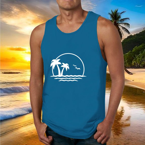 Fnnxeal Men's Lightweight Polyester Tank Top Casual Sleeveless Summer Print Breathable Tank Top for Men Blue