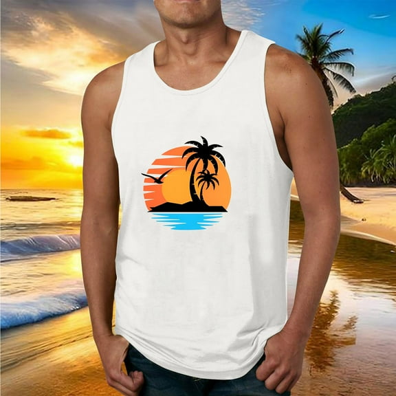 Fnnxeal Men's Lightweight Polyester Tank Top Casual Summer Print Sleeveless Breathable Tank Top for Men White