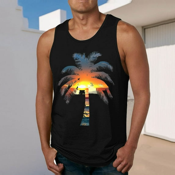 Fnnxeal Men's Lightweight Polyester Tank Top Print Casual Sleeveless Summer Breathable Tank Top for Men Black