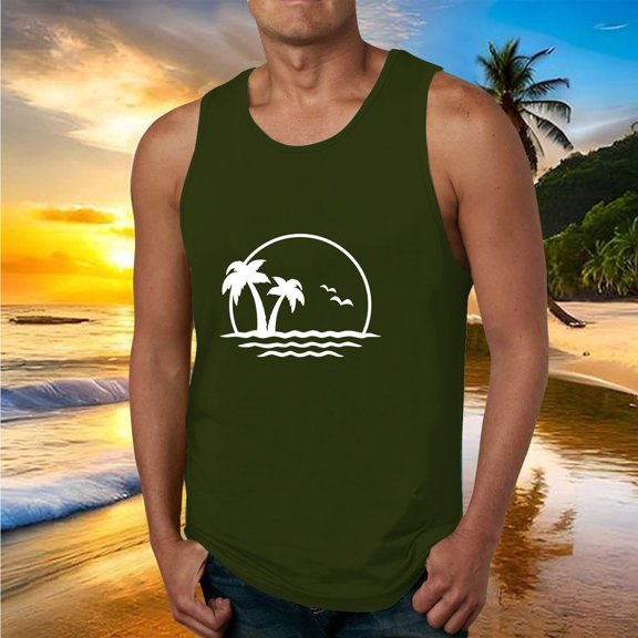 Fnnxeal Men's Lightweight Polyester Tank Top Print Sleeveless Casual Summer Breathable Tank Top for Men Army Green