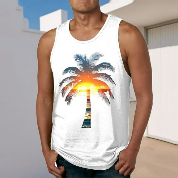 Fnnxeal Men's Lightweight Polyester Tank Top Print Summer Sleeveless Casual Breathable Tank Top for Men White