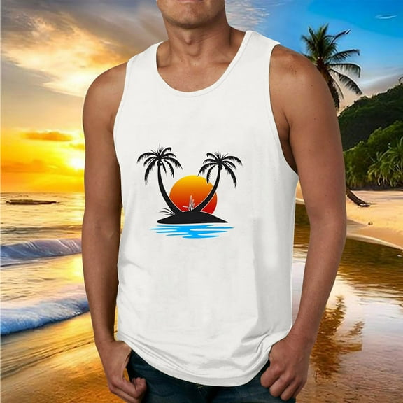 Fnnxeal Men's Lightweight Polyester Tank Top Sleeveless Casual Print Summer Breathable Tank Top for Men White