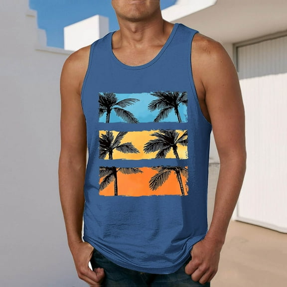 Fnnxeal Men's Lightweight Polyester Tank Top Sleeveless Print Casual Summer Breathable Tank Top for Men Blue