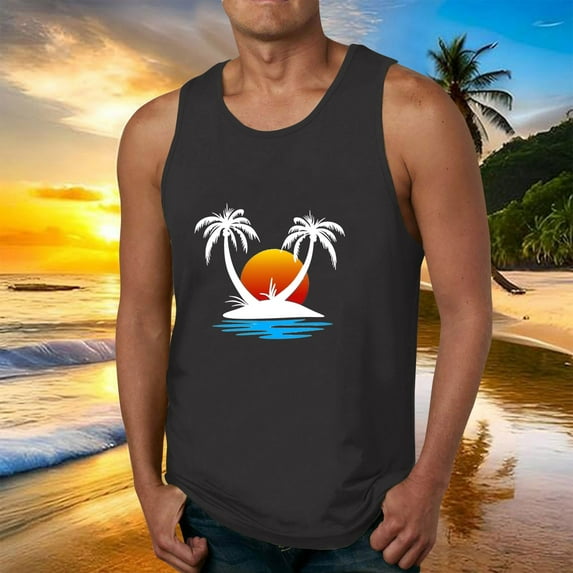 Fnnxeal Men's Lightweight Polyester Tank Top Sleeveless Print Summer Casual Breathable Tank Top for Men Dark Gray