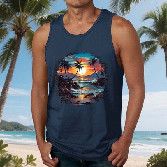 Fnnxeal Men's Lightweight Polyester Tank Top Summer Sleeveless Casual Print Breathable Tank Top for Men Navy