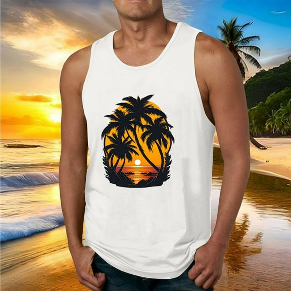 Fnnxeal Men's Lightweight Polyester Tank Top Summer Sleeveless Casual Print Breathable Tank Top for Men White