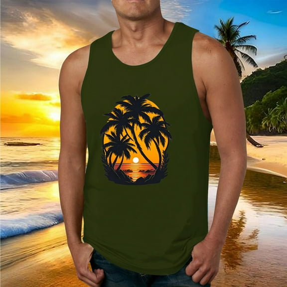 Fnnxeal Men's Lightweight Polyester Tank Top Summer Sleeveless Print Casual Breathable Tank Top for Men Army Green