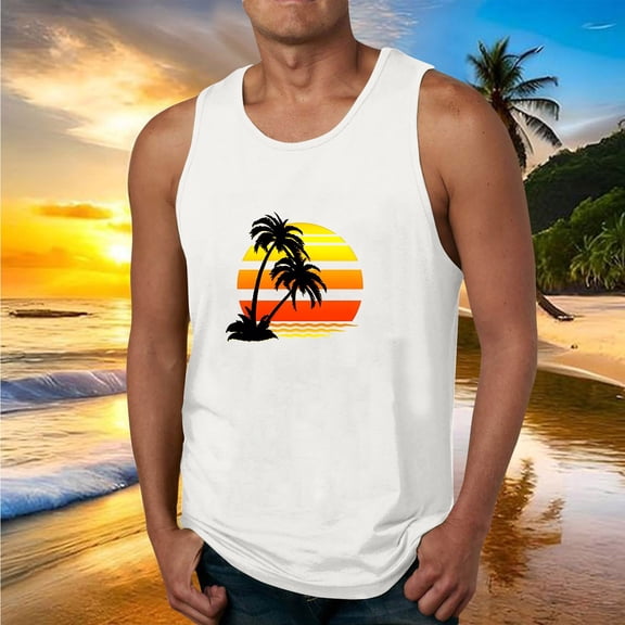 Fnnxeal Men's Lightweight Polyester Tank Top Summer Sleeveless Print Casual Breathable Tank Top for Men White