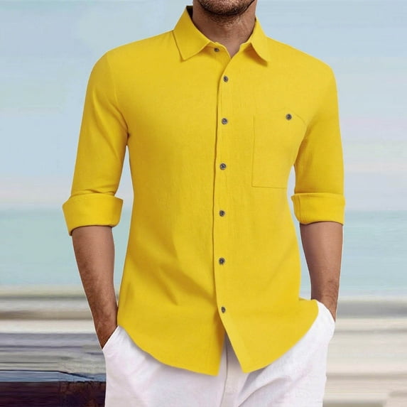 Fnnxeal Men's Linen Shirt Size M, Yellow Long Sleeve Button Down with Chest Pocket, Breathable Casual Smart-Casual for Summer
