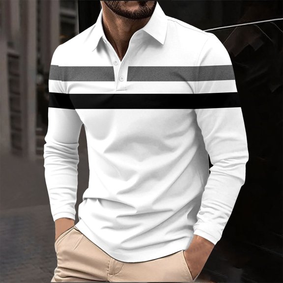 Fnnxeal Men's Long Sleeve Polo Shirt - 100% Polyester, Quick Dry, Stripe Pattern, White Color, Size L - Suitable for Casual & Office Wear