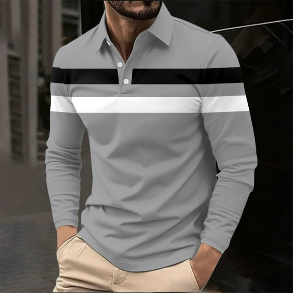 Fnnxeal Men's Long Sleeve Polo Shirt - 100% Polyester Striped Design, Gray Color, Size L - Casual & Easy Care for Office, Outdoor & Daily Wear