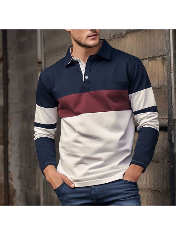 Men's Long Sleeve Polo Shirt - Navy, Size M, Polyester Wrinkle-Resistant Quick-Drying, Classic Collar for Casual/Office Wear