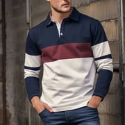 Fnnxeal Mens Long Sleeve Polo Shirt - Polyester, Classic Collar, Navy Color, Size L, Wrinkle-Resistant, Quick-Drying for Casual/Office Wear