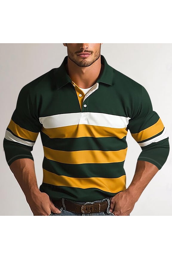 Men's Long Sleeve Striped Green Polo Shirt - Size XL, Polyester, Wrinkle-Resistant, Casual Sporty Style for Work/Daily Errands