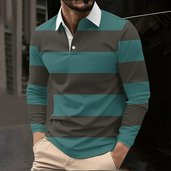 Fnnxeal Men's Long Sleeve Striped Polo Shirt - Brown, Size XL, Polyester Spandex, Durable Wrinkle-Resistant, Casual Work & Daily Outdoor Wear