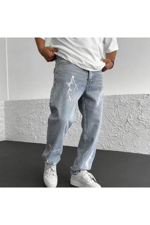 Men's Loose Fit Blue Jeans Size XL - 75% Rayon 25% Polyester Soft Breathable, White Lightning Print for Casual Shopping & Daily Wear