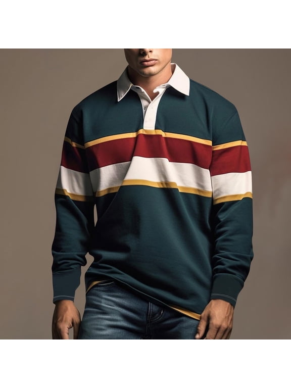 Men's M Green Rugby Shirt - Polyester Retro Striped, Casual Breathable - Ideal for Daily & Sports Leisure Wear