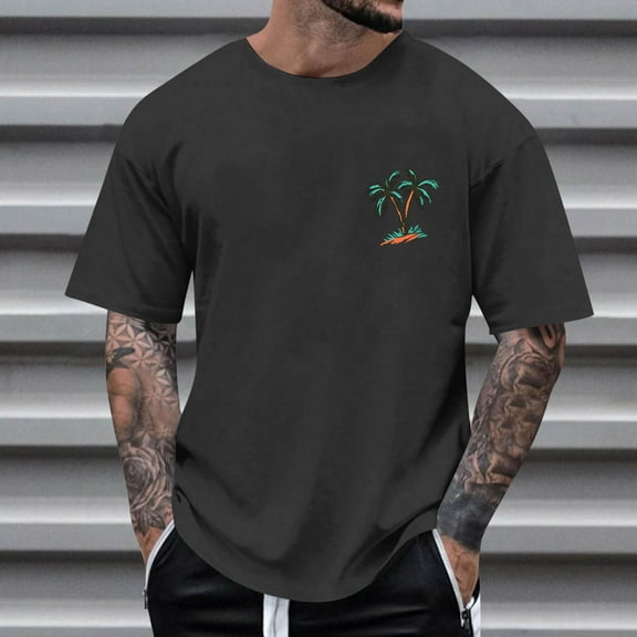 Fnnxeal Men's Oversized Palm Tree Tee - Dark Gray, XL - Stretchy Polyester, Casual Beach Shirt, Trendy Daily & Vacation Wear