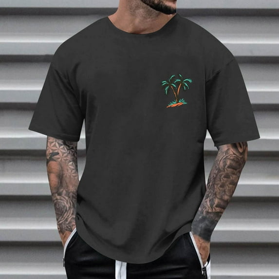 Fnnxeal Men's Oversized Palm Tree Tee - Dark Gray, XL - Stretchy Polyester, Casual Beach Shirt, Trendy Daily & Vacation Wear