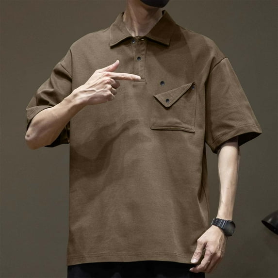 Fnnxeal Men's Oversized Short Sleeve Polo Shirt - Coffee, L - Polyester, Wrinkle Resistant, Quick Dry - Casual Utility Pocket Polo for Work & Leisure