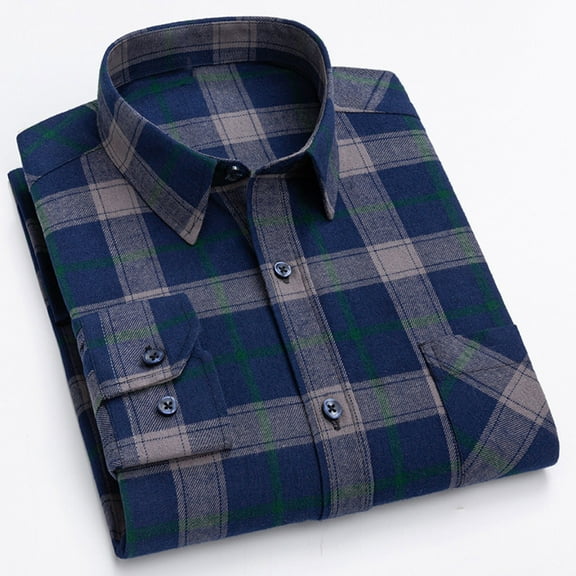 Fnnxeal Men's Plaid Shirt - Navy, L - Cotton Polyester Blend, Classic Button-Down, Long Sleeve with Button Cuffs, Casual Everyday Wear, Wrinkle-Resistant