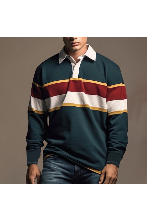 Men's Plus Size 2XL Green Rugby Shirt - Polyester, Retro Striped, Casual Breathable - Perfect for Daily & Outdoor Activities