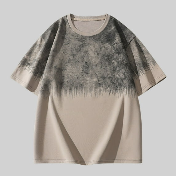 Fnnxeal Men's Plus Size 2XL Oversized Gradient Tee, Distressed Color Block Streetwear, Polyester Easy Care Wrinkle Resistant, Casual Daily Layering Khaki
