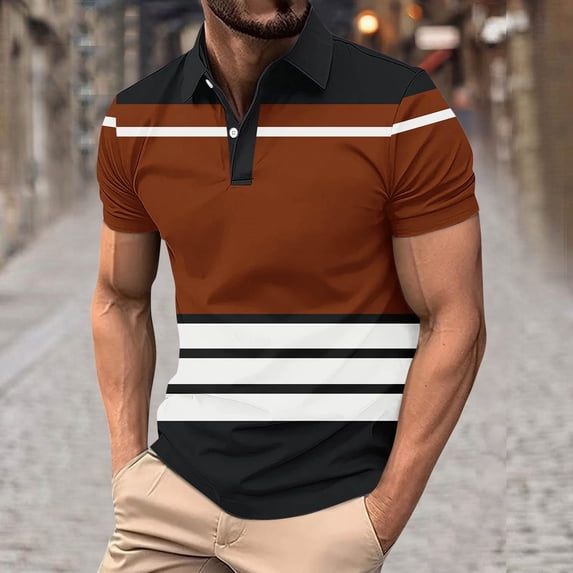 Fnnxeal Men‘s Polo Shirts Brown Color Block Short Sleeve Moisture Wicking Quick Dry Golf Tops Business Casual Work Slim Fit Outdoor Performance Shirt,Size XL