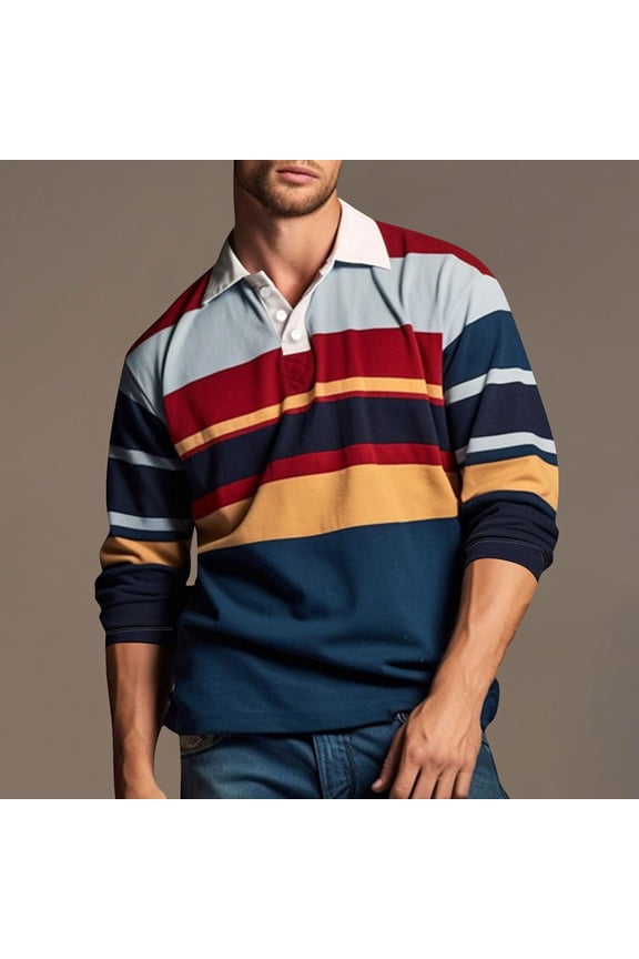 Men's Polyester Rugby Shirt - Blue Long Sleeve Classic Striped, Wrinkle-Resistant Quick-Dry, Size XL for Casual Daily/Outdoor Wear