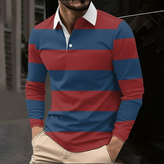 Fnnxeal Men's Red Striped Long-Sleeved Polo Shirt - Size L, 95% Polyester 5% Spandex, Comfortable Casual Classic for Work/Outdoor, Affordable Walmart Style