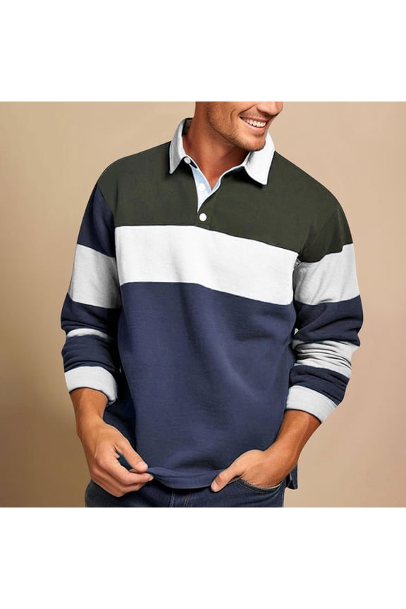 Men's Rugby-Style Polo Shirt - Navy, Size L, Polyester, Durable Wrinkle-Resistant, Casual for Daily/Outings, Classic Button Placket Design