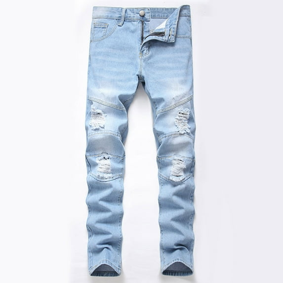 Fnnxeal Men's Slim Fit Distressed Denim Jeans - 100% Denim, Thigh/Knee Rips, Zipper Fly, Light Blue (Light Wash), Size 38 for Casual Daily Wear