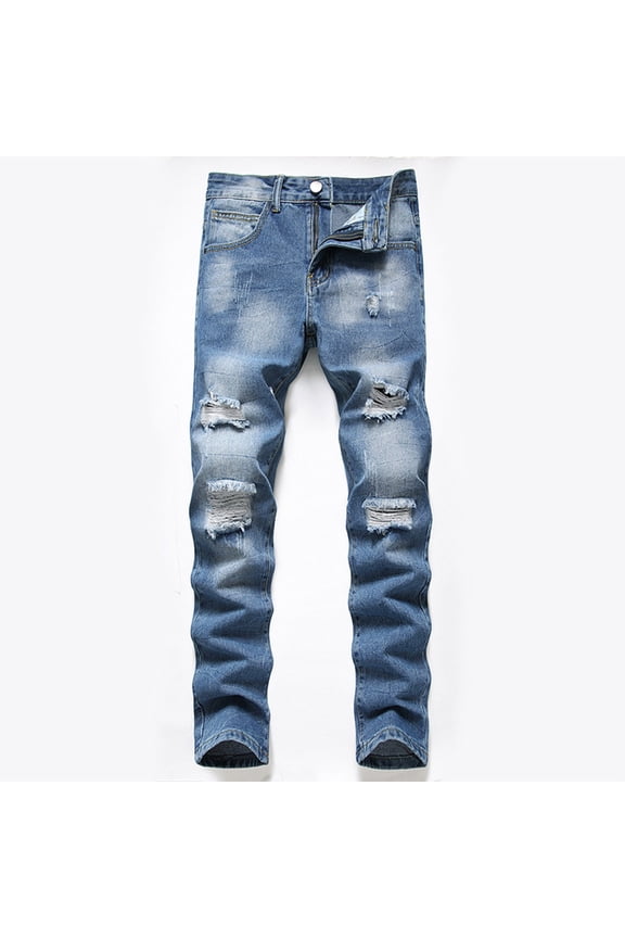 Men's Slim Fit Distressed Jeans - 100% Denim, Light Blue Wash, Ripped Knees, Frayed Edges, Size 32, Classic 5-Pocket, Metal Button for Casual/Street Style