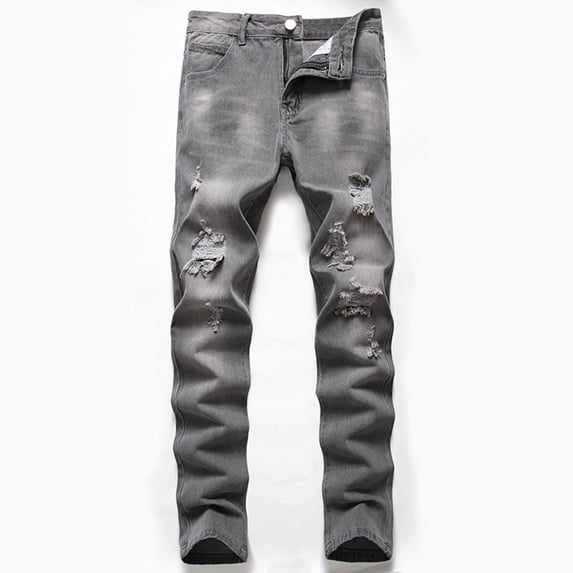 Fnnxeal Men's Slim-Fit Gray Distressed Jeans - Size 42, 100% Denim with Knee/Thigh Rips, Classic 5-Pocket, Durable Breathable for Daily & Street Casual Wear