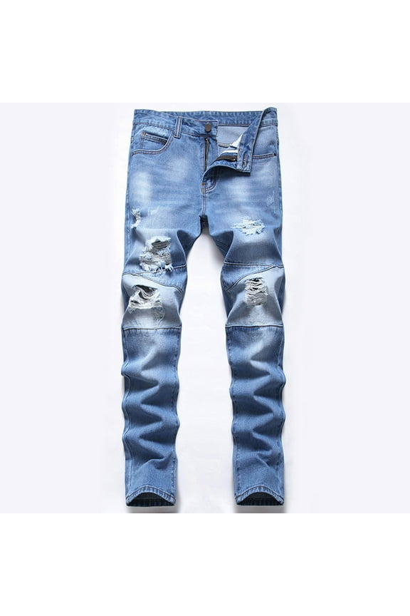 Men's Slim Fit Light Blue Jeans - 100% Denim, Ripped Knees/Thighs with Frayed Edges, 5-Pocket Design, Size 40, Casual Street Style