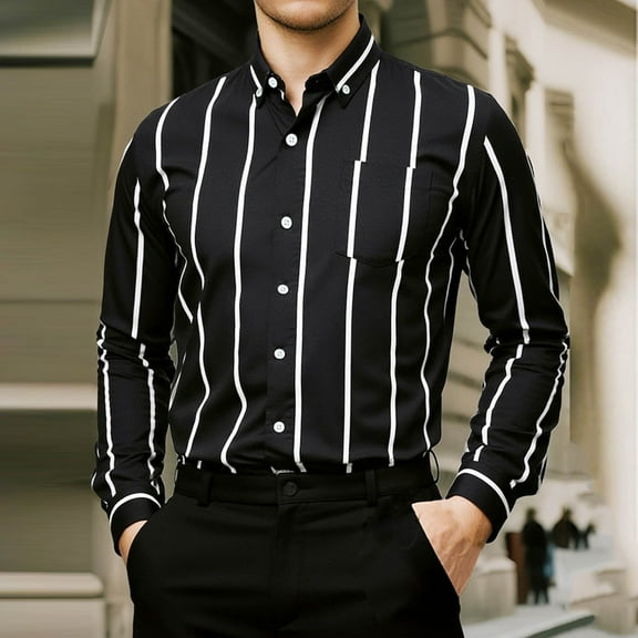 Fnnxeal Men's Striped Shirt - Big and Tall 2XL, Polyester Wrinkle-Free Easy Care, Slim Fit Long Sleeve Button-Down Collar, Black - Casual & Semi-Formal